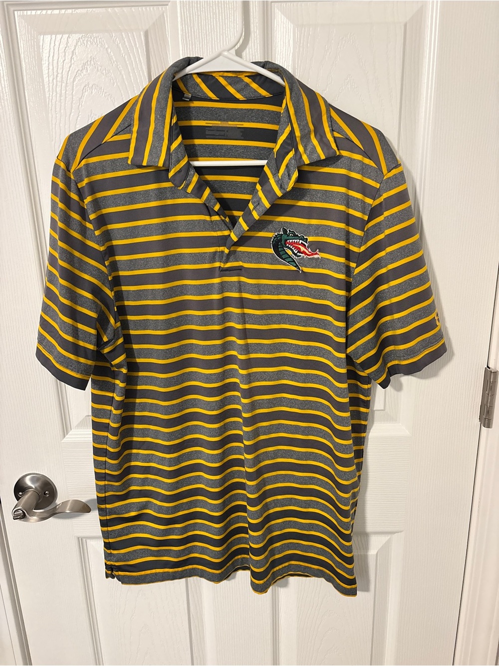 Gray and Yellow Striped Men’s Polo Shirt with Embroidered Alligator
